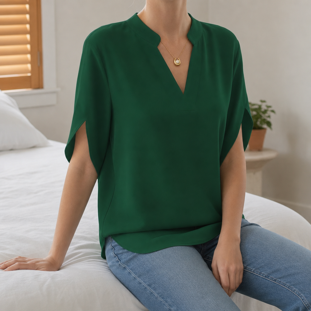 Milos V-Neck Chiffon Blouse in Emerald Green