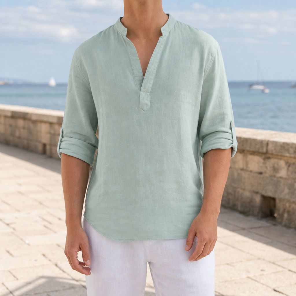 Sesimbra Linen Henley Shirt in Light Green