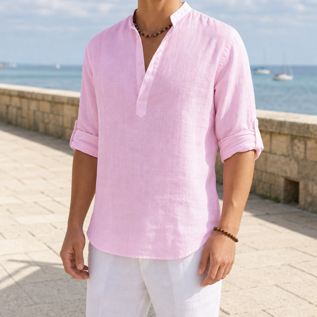 Sesimbra Linen Henley Shirt in Pink