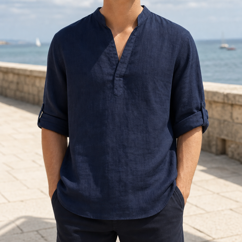Sesimbra Linen Henley Shirt in Navy Blue