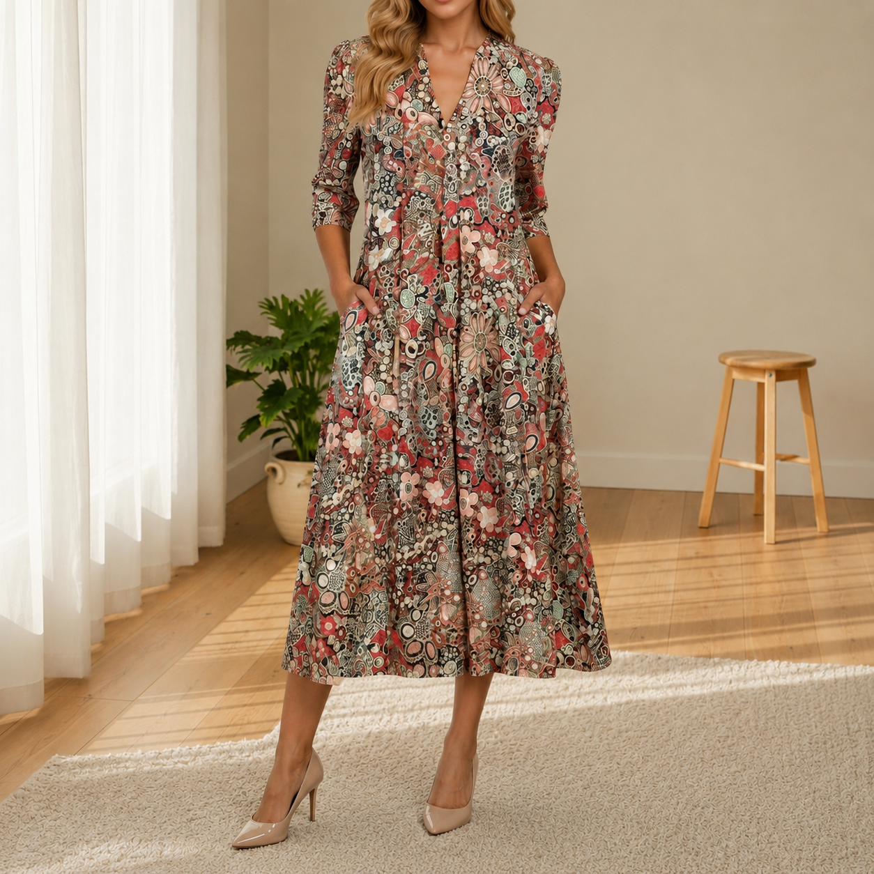 Napoli Floral V-Neck Three-Quarter Sleeve Midi Dress
