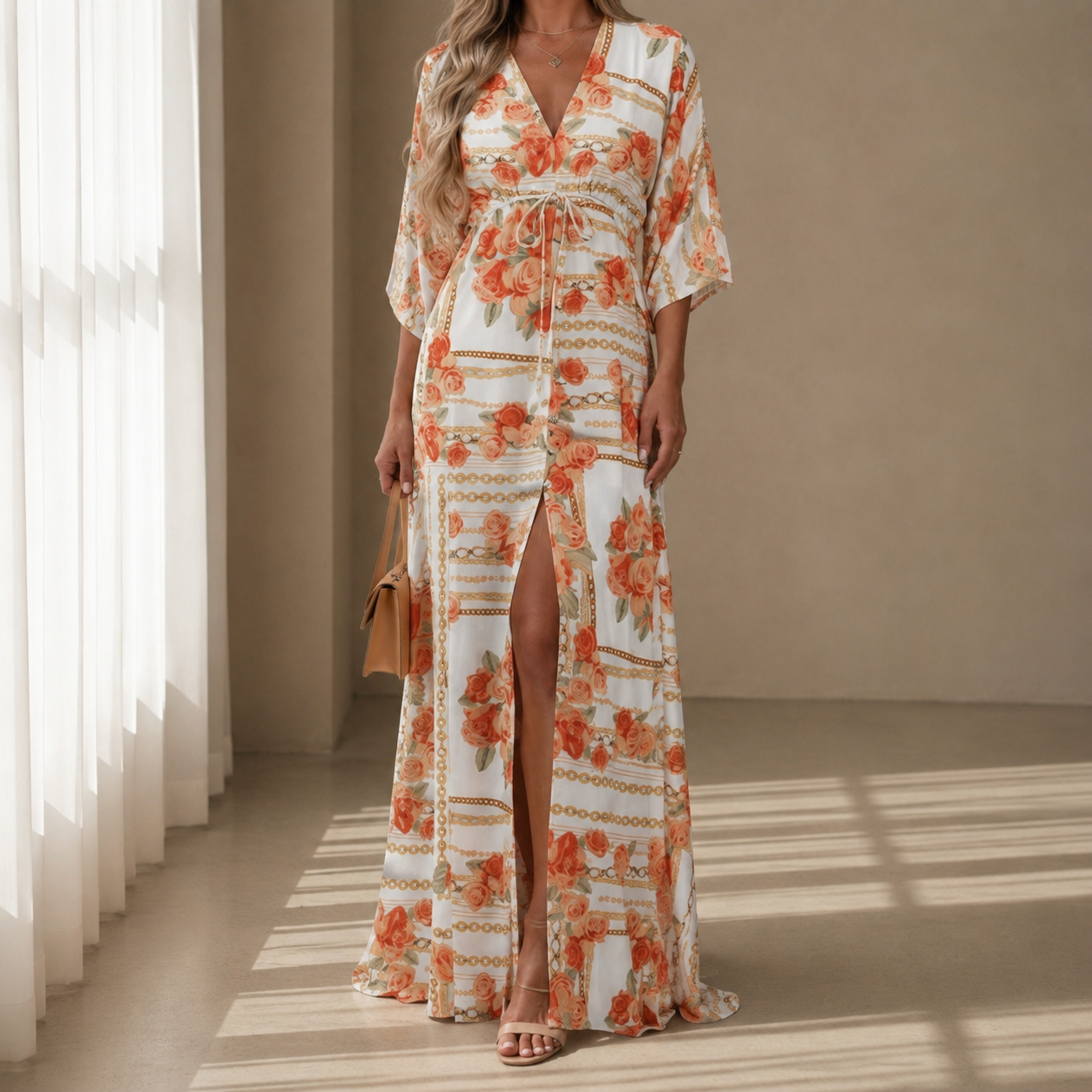 Taormina Tie Waist Printed Kaftan Maxi Dress