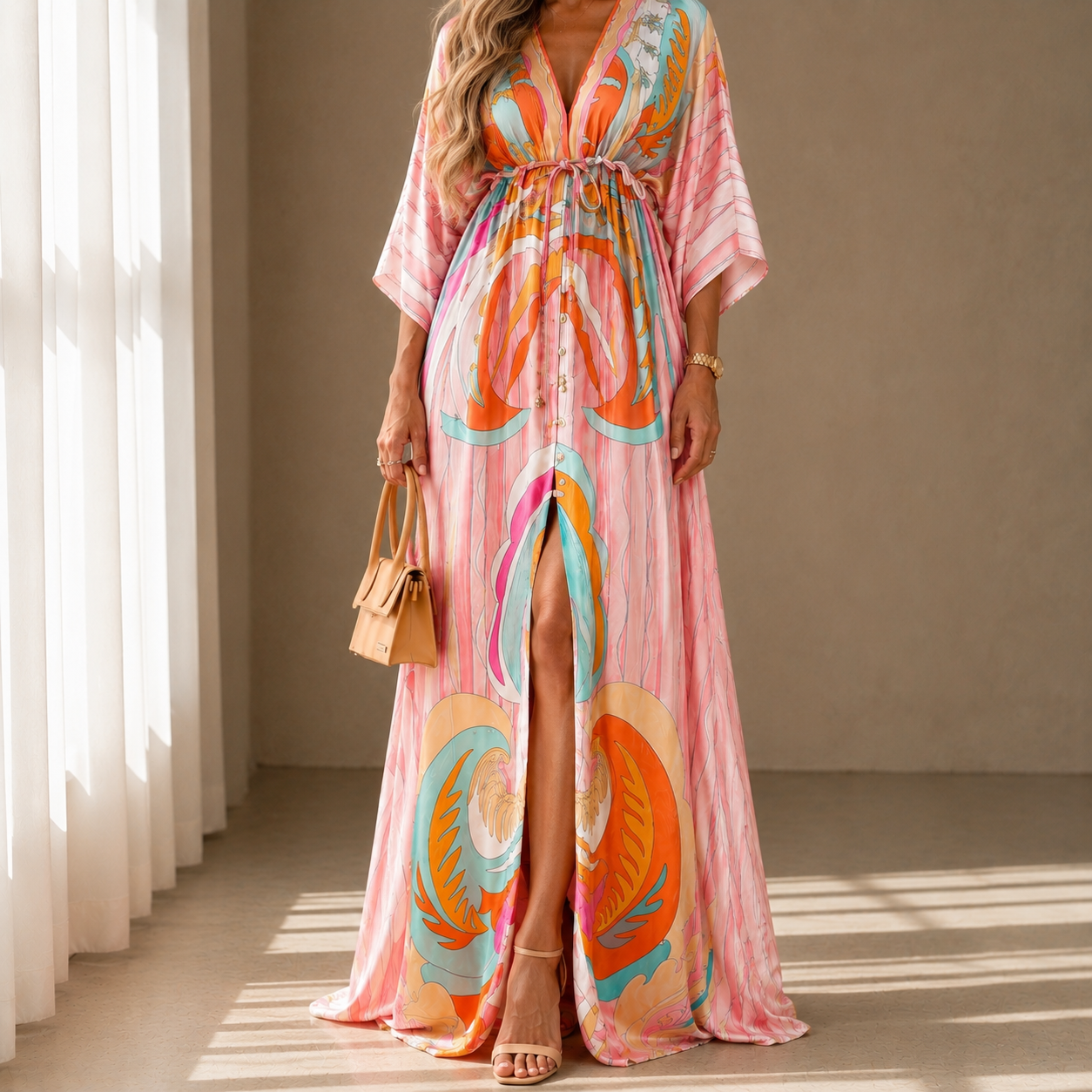 Taormina Tie Waist Printed Kaftan Maxi Dress