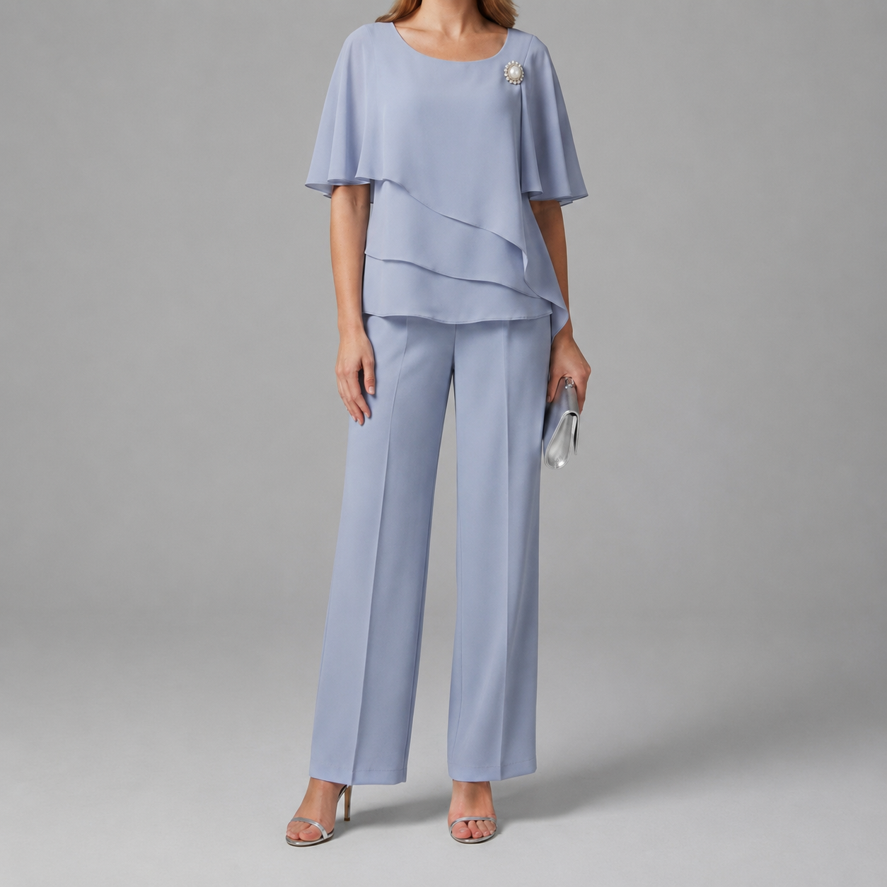 Capri Layered Chiffon Top and Straight Leg Trouser Set