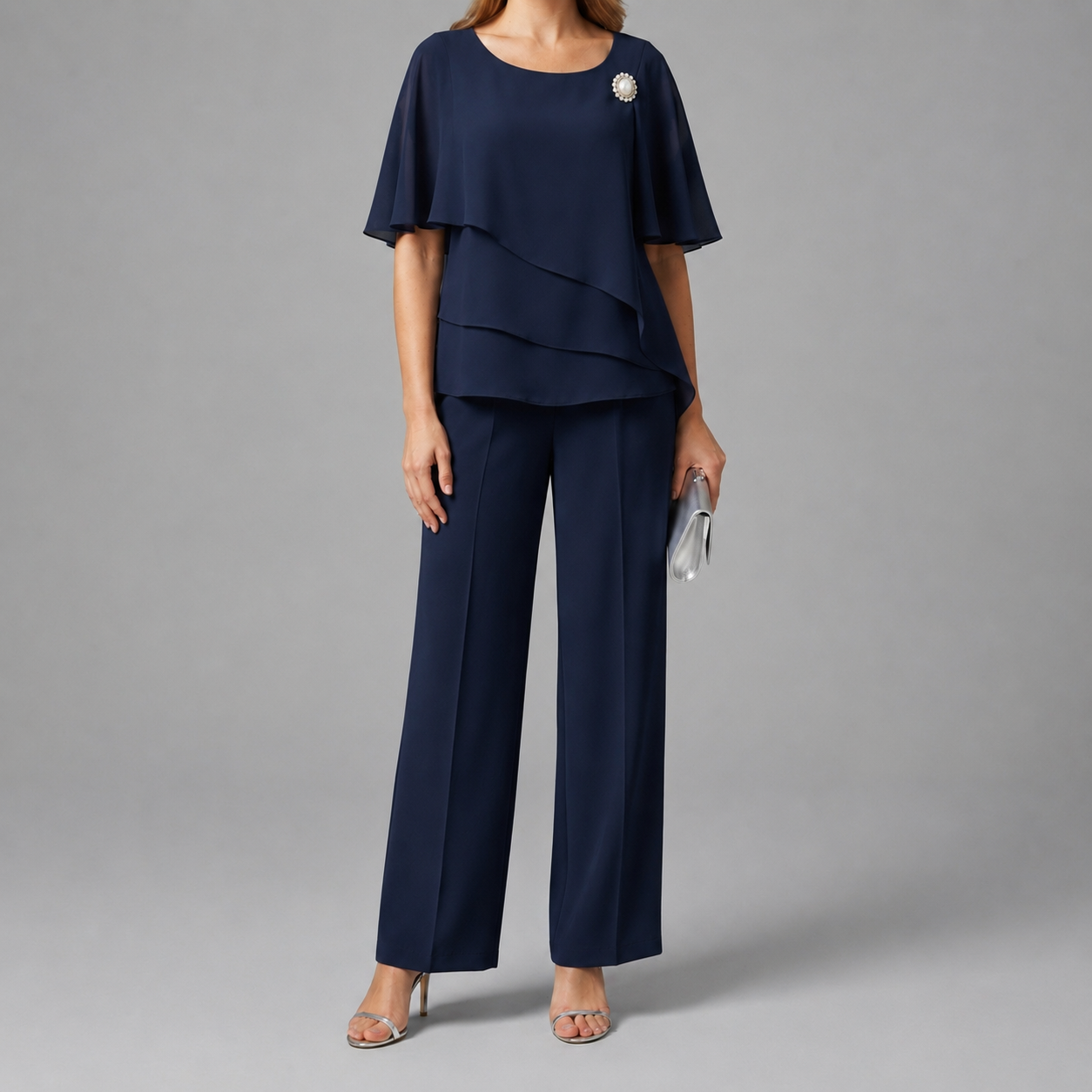 Capri Layered Chiffon Top and Straight Leg Trouser Set