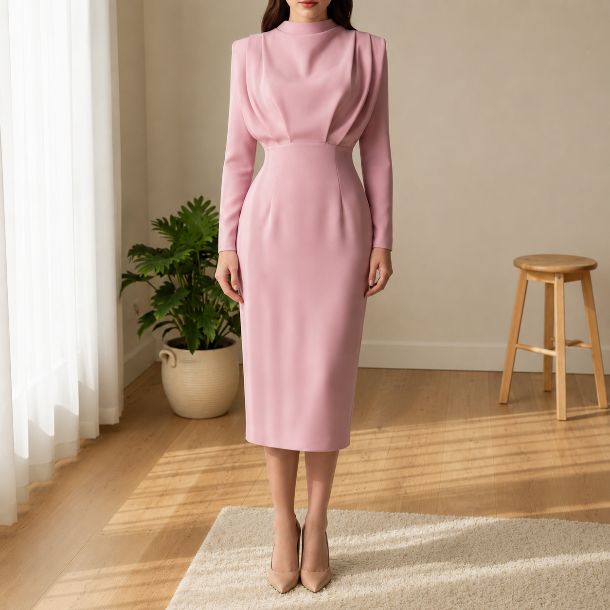 Modena High Neck Long Sleeve Fitted Dress