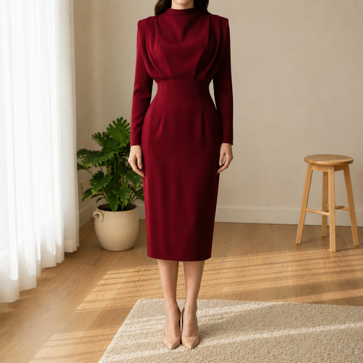 Modena High Neck Long Sleeve Fitted Dress