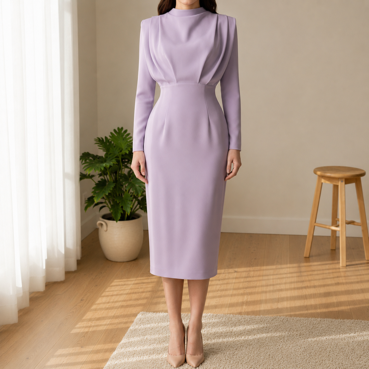 Modena High Neck Long Sleeve Fitted Dress