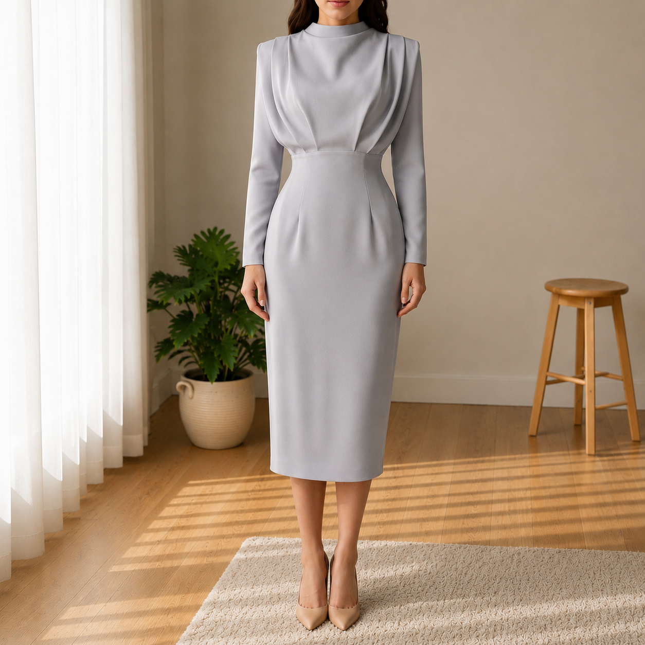 Modena High Neck Long Sleeve Fitted Dress