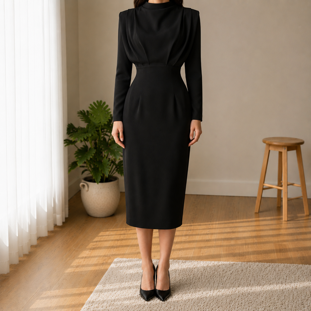 Modena High Neck Long Sleeve Fitted Dress