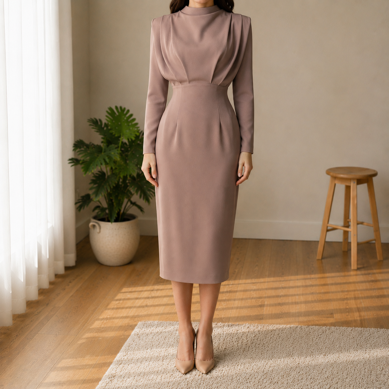 Modena High Neck Long Sleeve Fitted Dress