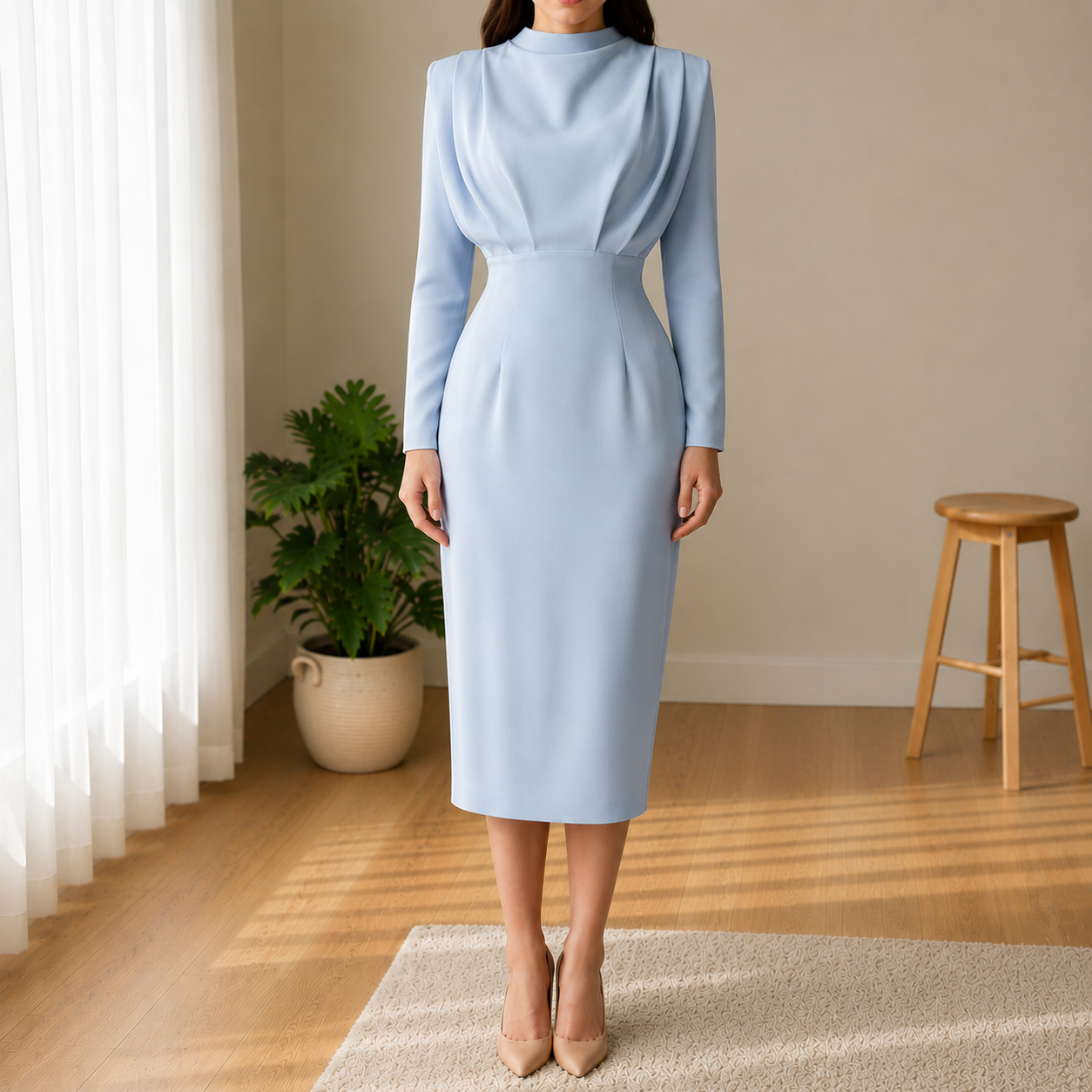 Modena High Neck Long Sleeve Fitted Dress