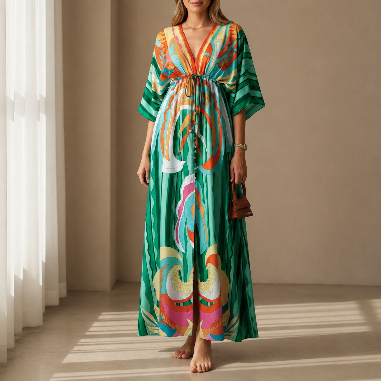 Taormina Tie Waist Printed Kaftan Maxi Dress