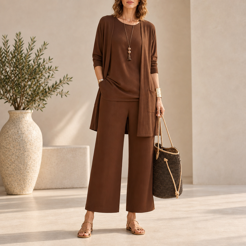 Alicante Wide Leg Three-Piece Set in Dark Brown