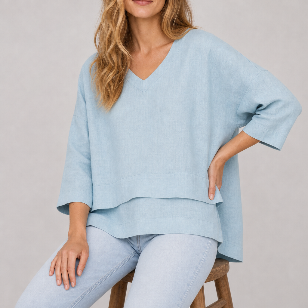 Andros Layered Hem Linen Top in Sky Blue