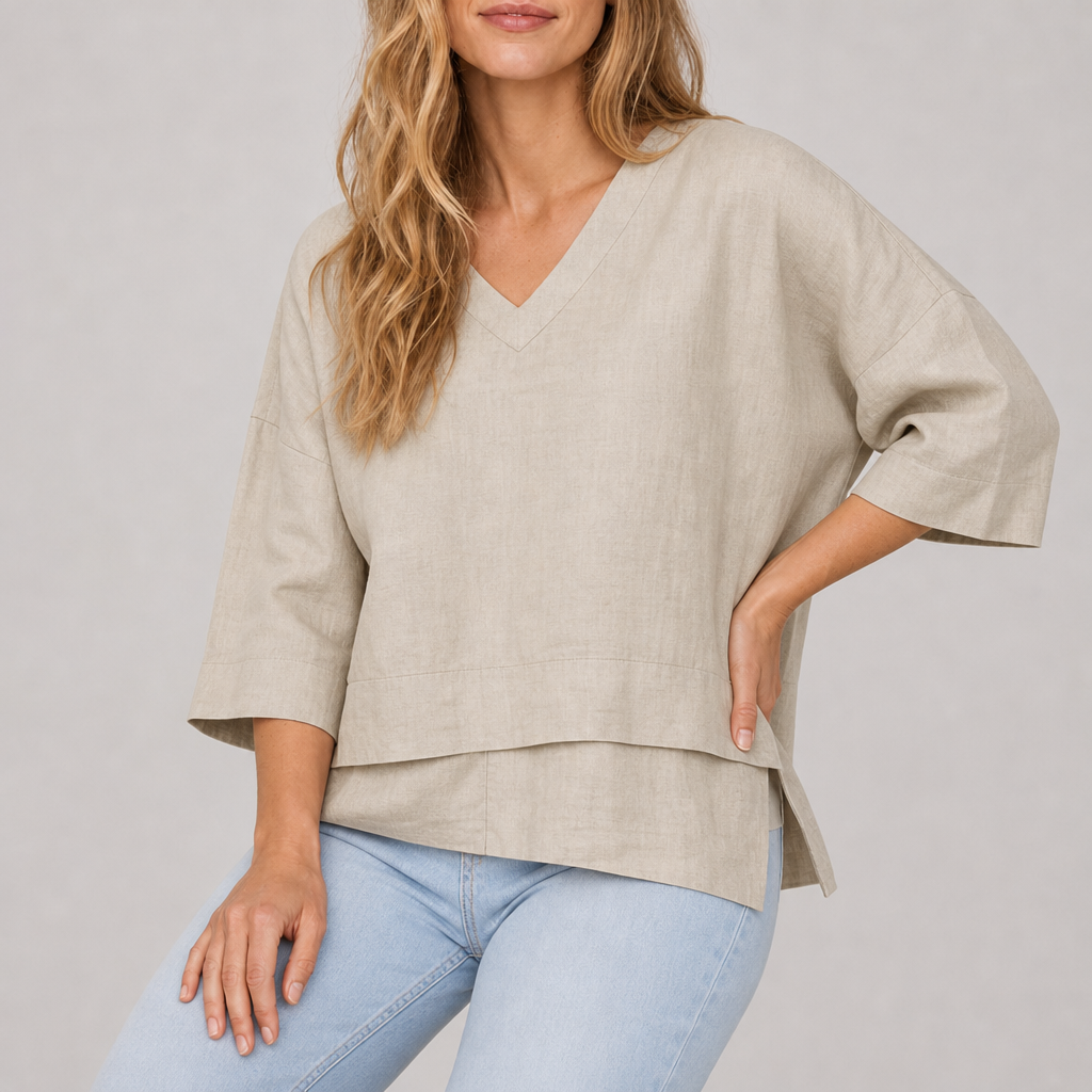 Andros Layered Hem Linen Top in Natural Melange