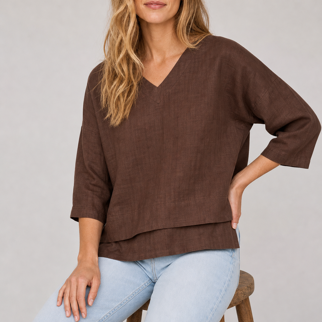 Andros Layered Hem Linen Top in Espresso Brown