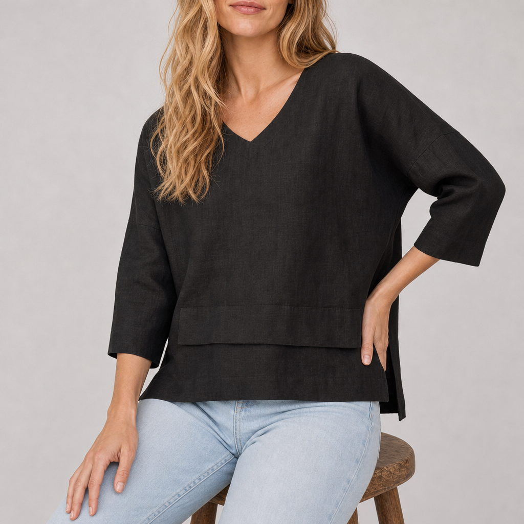 Andros Layered Hem Linen Top in Charcoal Black