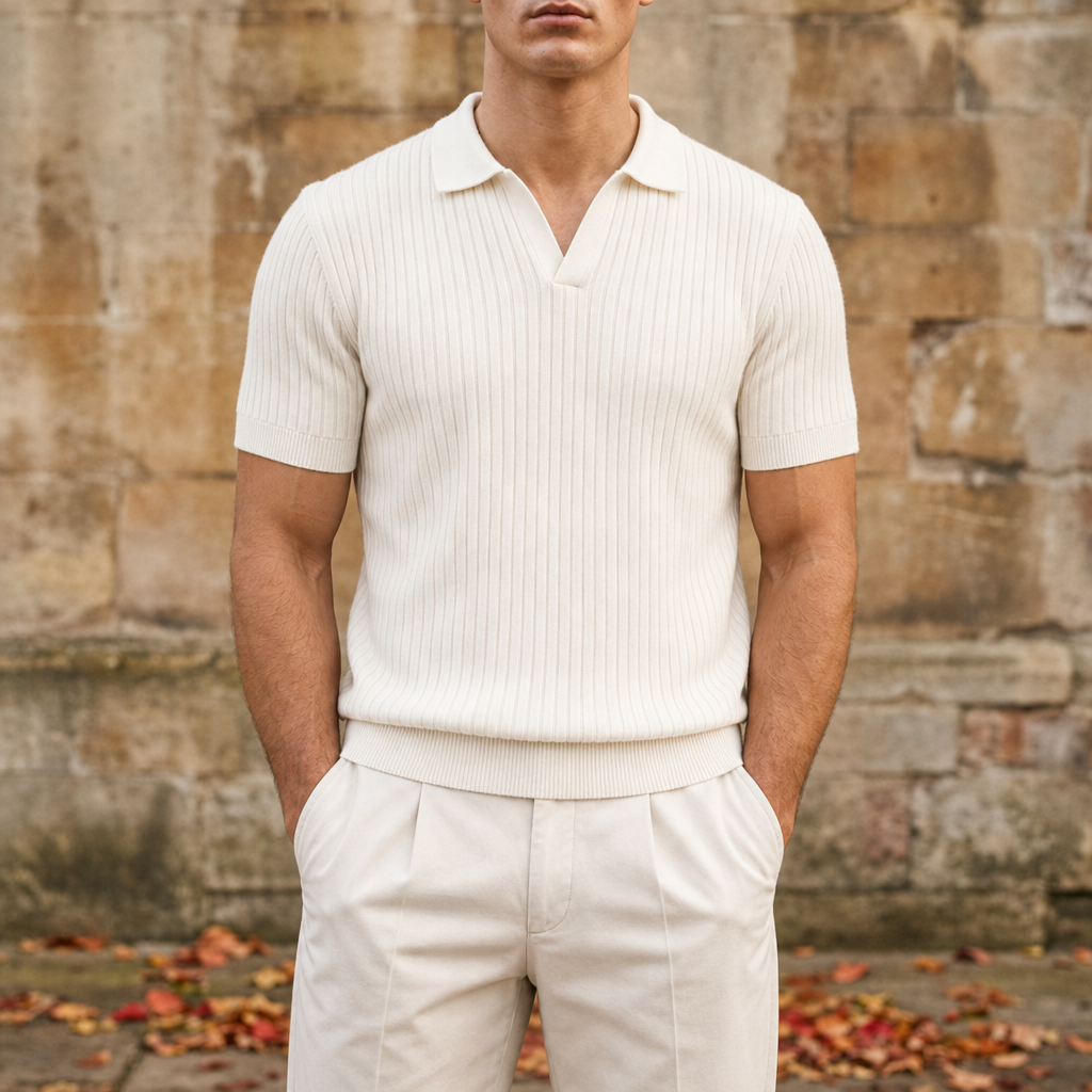 Antiparos Ribbed Knit Polo in White