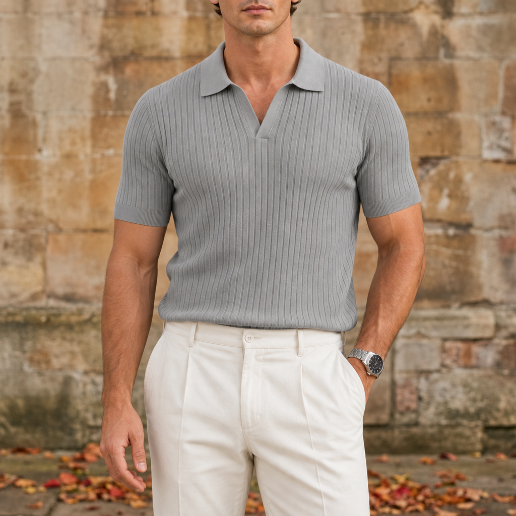 Antiparos Ribbed Knit Polo in Light Gray