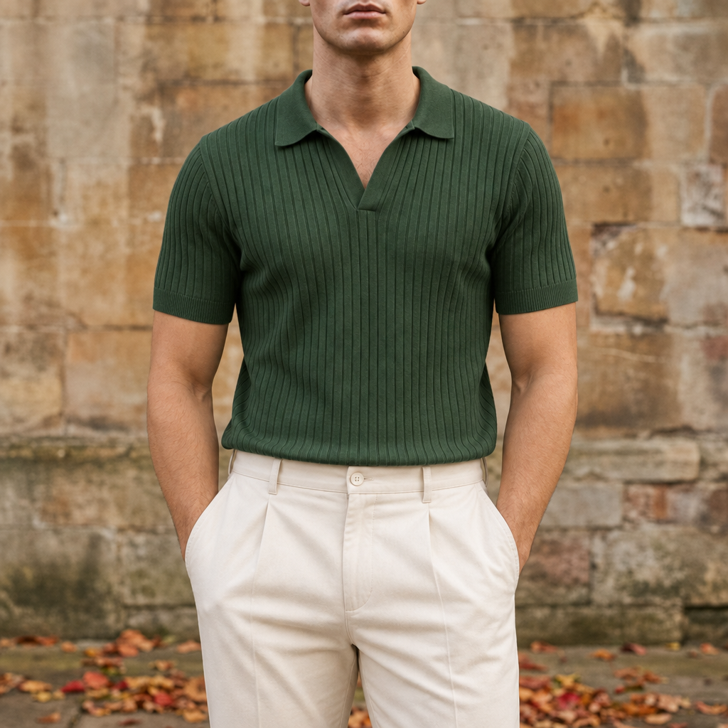 Antiparos Ribbed Knit Polo in Green