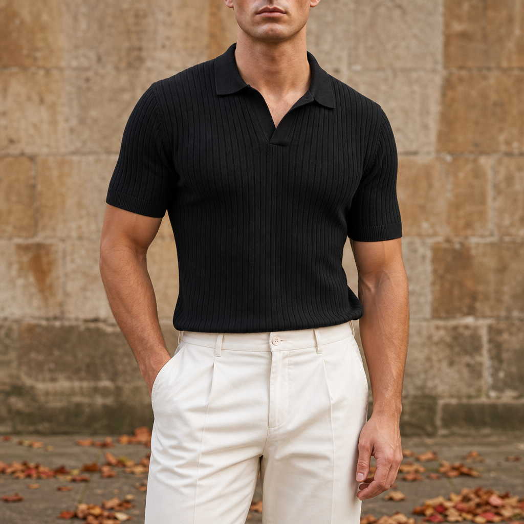 Antiparos Ribbed Knit Polo in Black