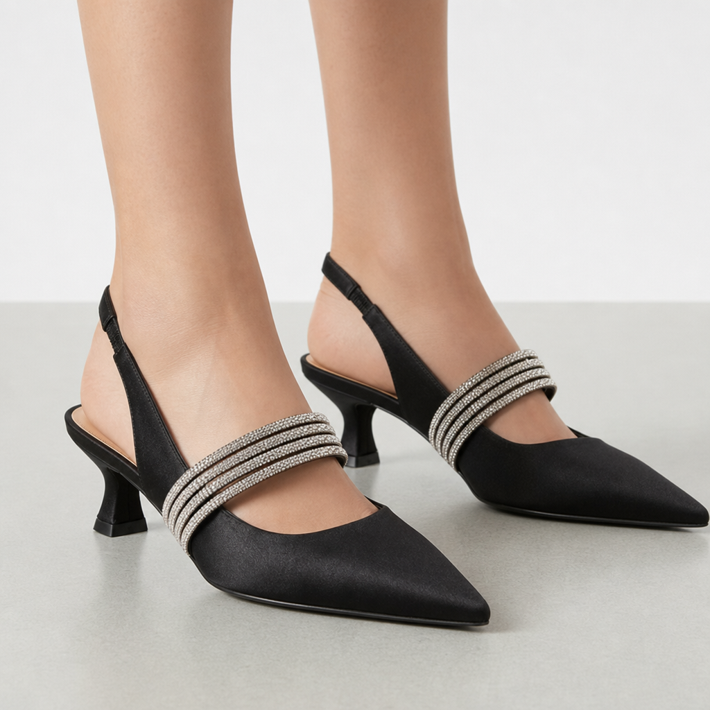 Apt Orthopedic Rhinestone Satin Slingbacks in Black