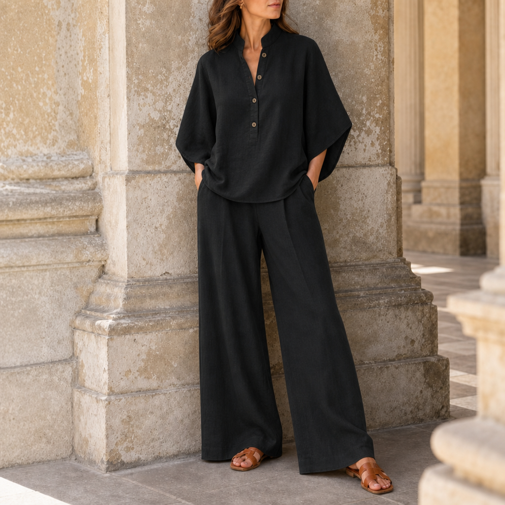 Arles Linen Wide-Leg Set in Black