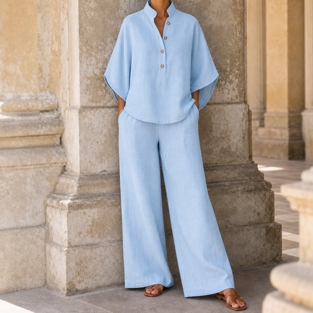Arles Linen Wide-Leg Set in Light Blue
