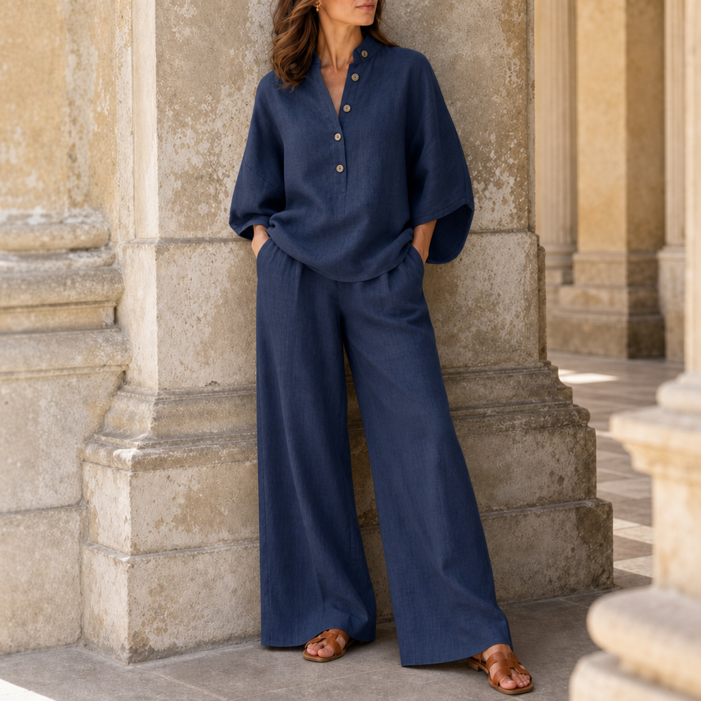 Arles Linen Wide-Leg Set in Navy Blue