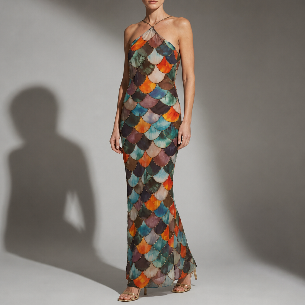 Assisi Scale Print Halter Maxi Dress in Geometric