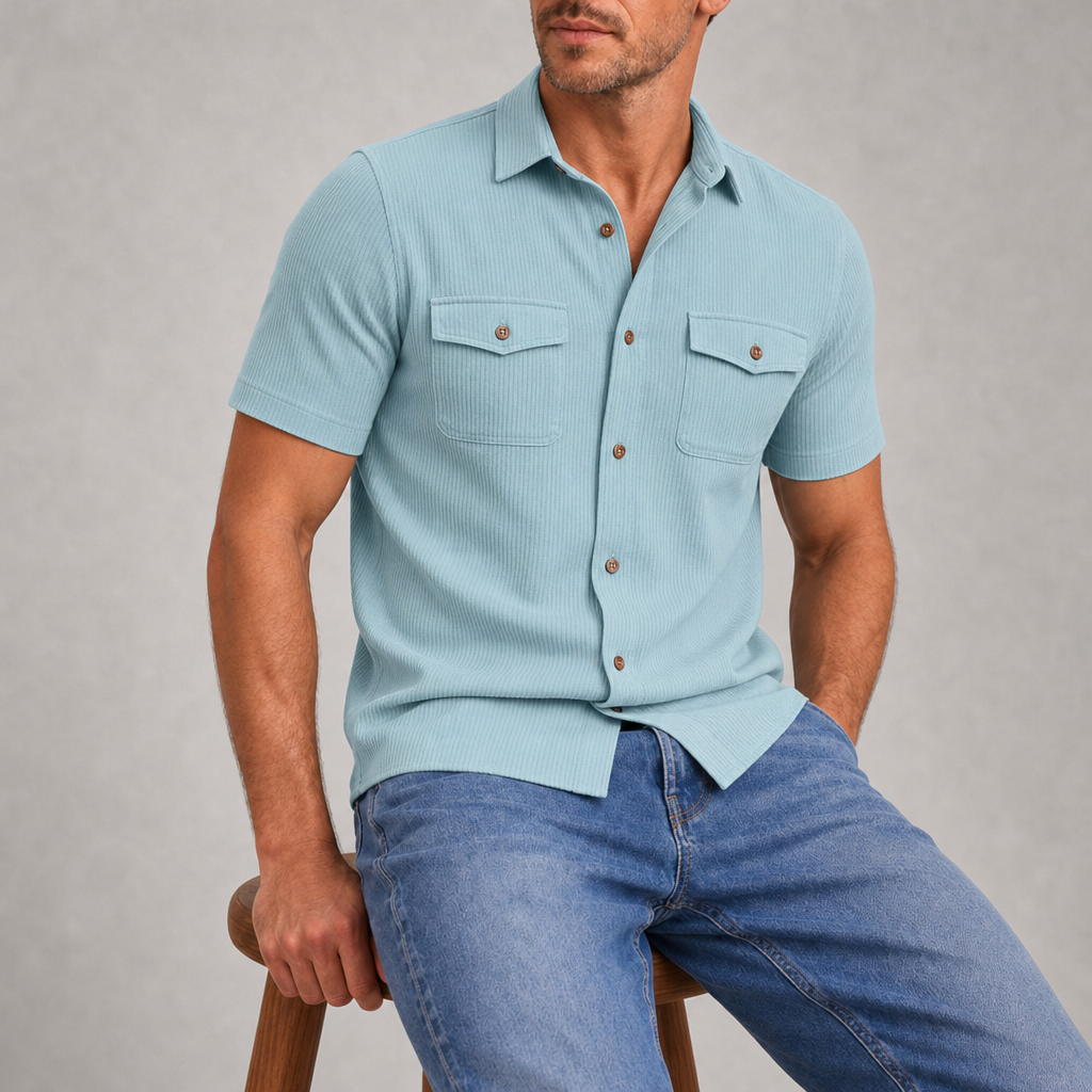 Astypalaia Ribbed Pocket Button Shirt in Light Blue