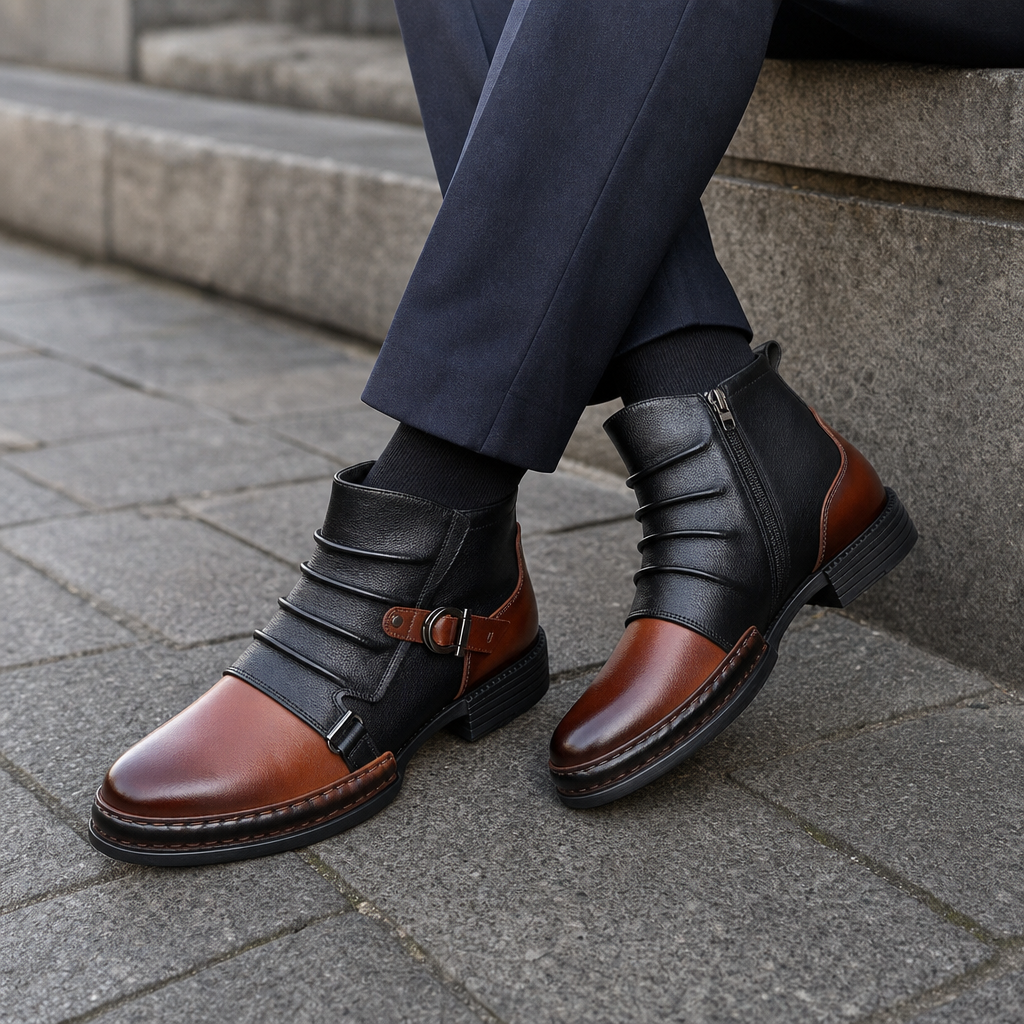 Aveiro Buckle Leather Ankle Boots in Black & Cognac Toe