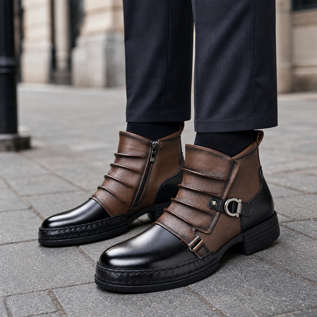 Aveiro Buckle Leather Ankle Boots in Chestnut & Black Toe