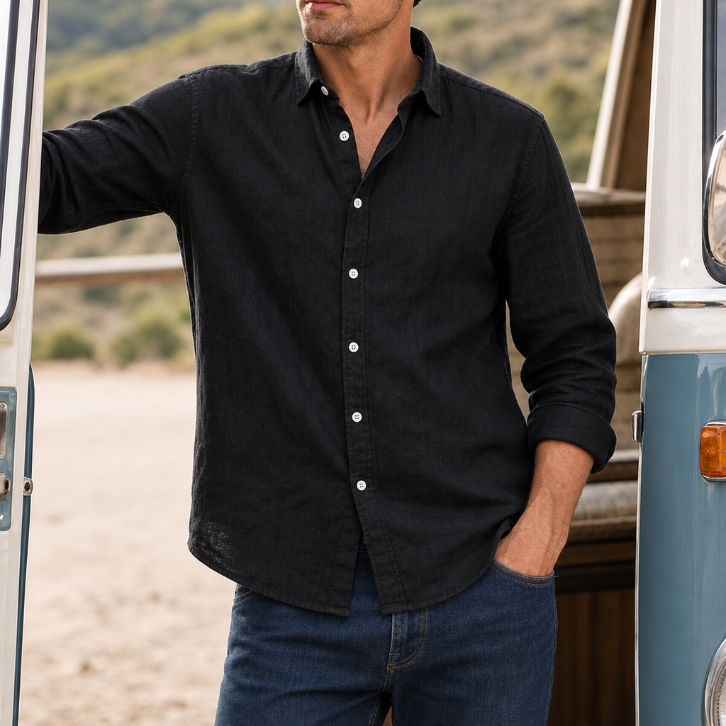 Avila Linen Button-Up Shirt in Black