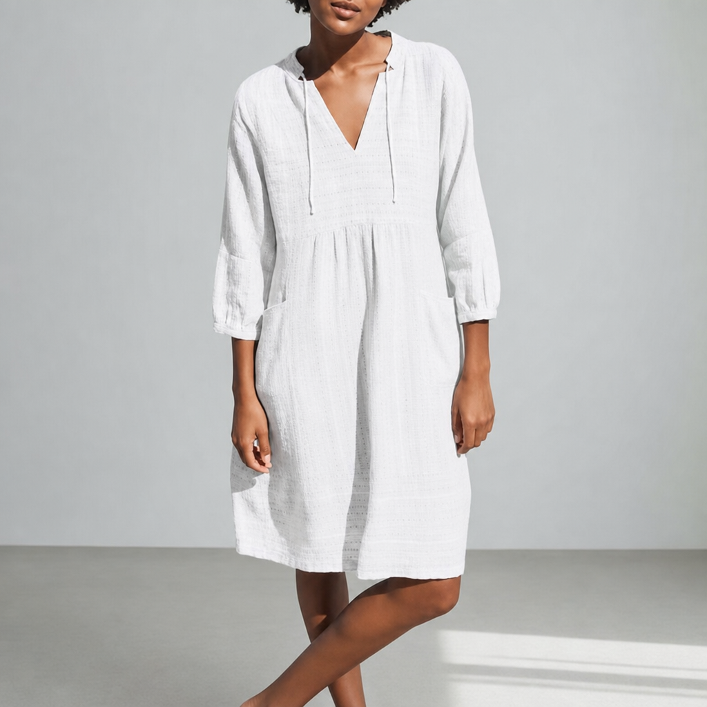 Baeza Boho V-Neck Dress in White