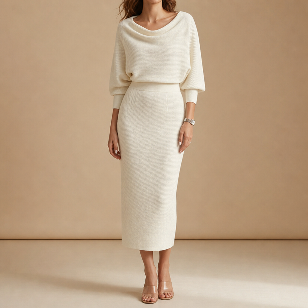 Bergamo Draped Knit Midi Dress in Beige