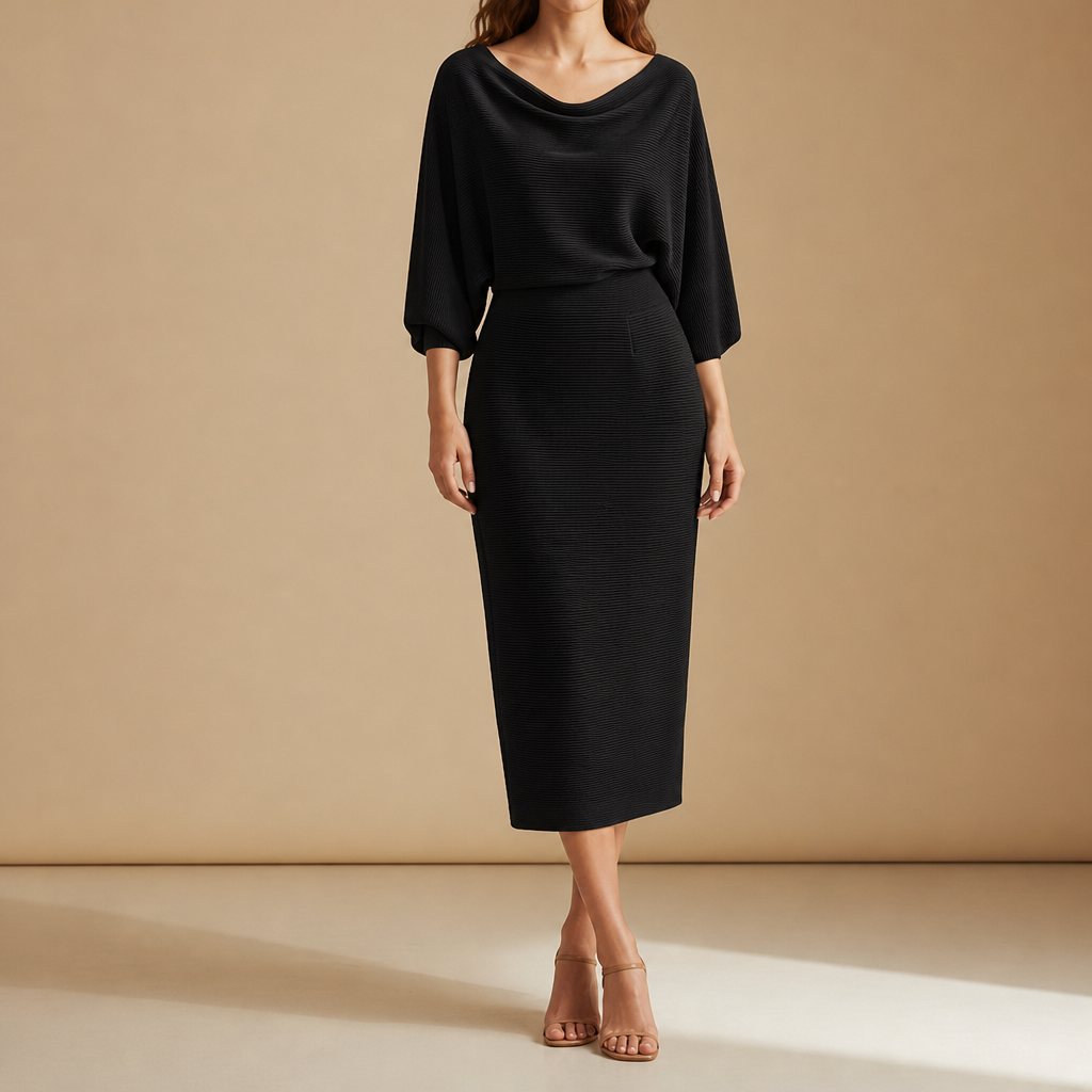 Bergamo Draped Knit Midi Dress in Black