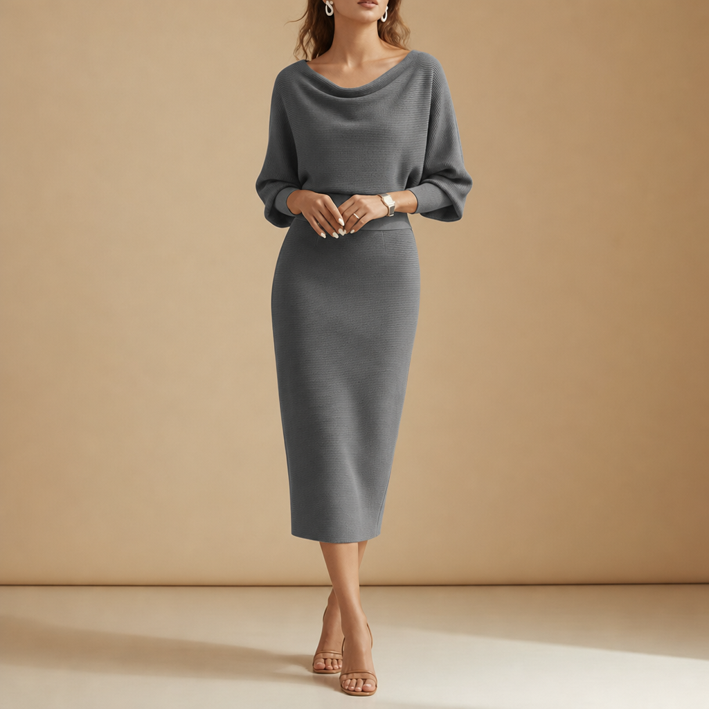 Bergamo Draped Knit Midi Dress in Gray