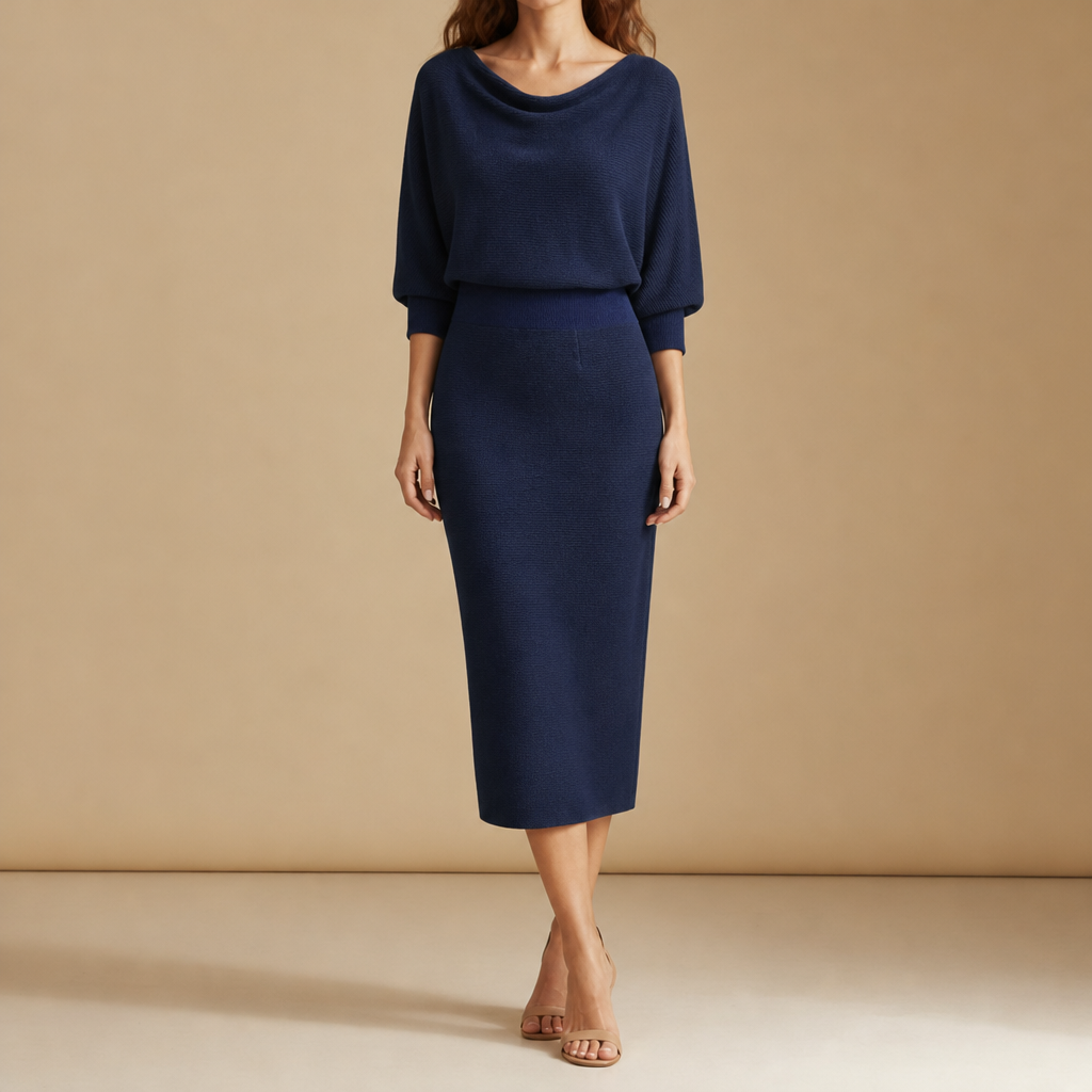 Bergamo Draped Knit Midi Dress in Navy Blue