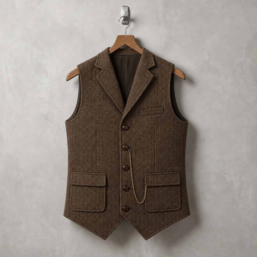 Biot Herringbone Lapel Waistcoat in Coffee