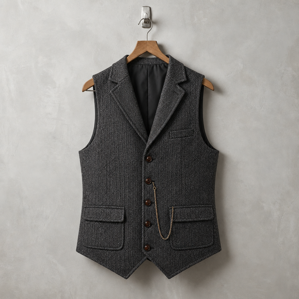 Biot Herringbone Lapel Waistcoat in Dark Gray