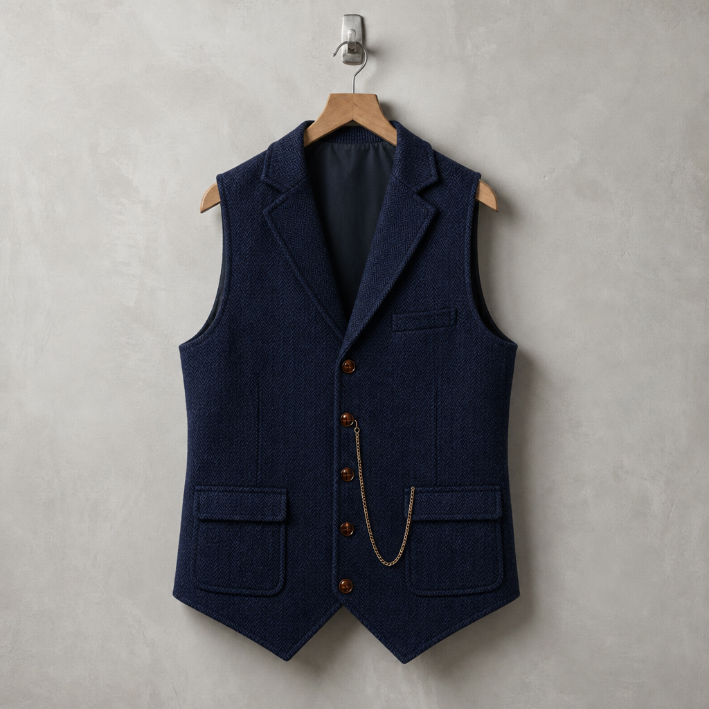 Biot Herringbone Lapel Waistcoat in Blue