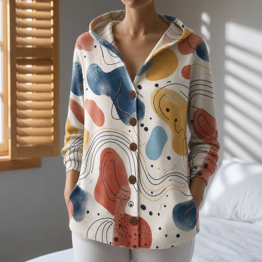 Bolzano Abstract Print Hooded Cardigan in Beige