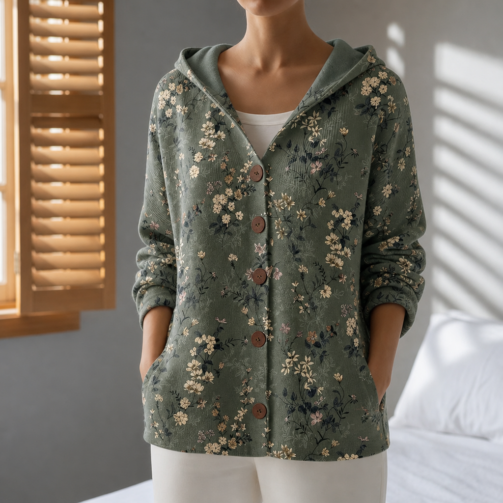 Bolzano Abstract Print Hooded Cardigan in Dark Green