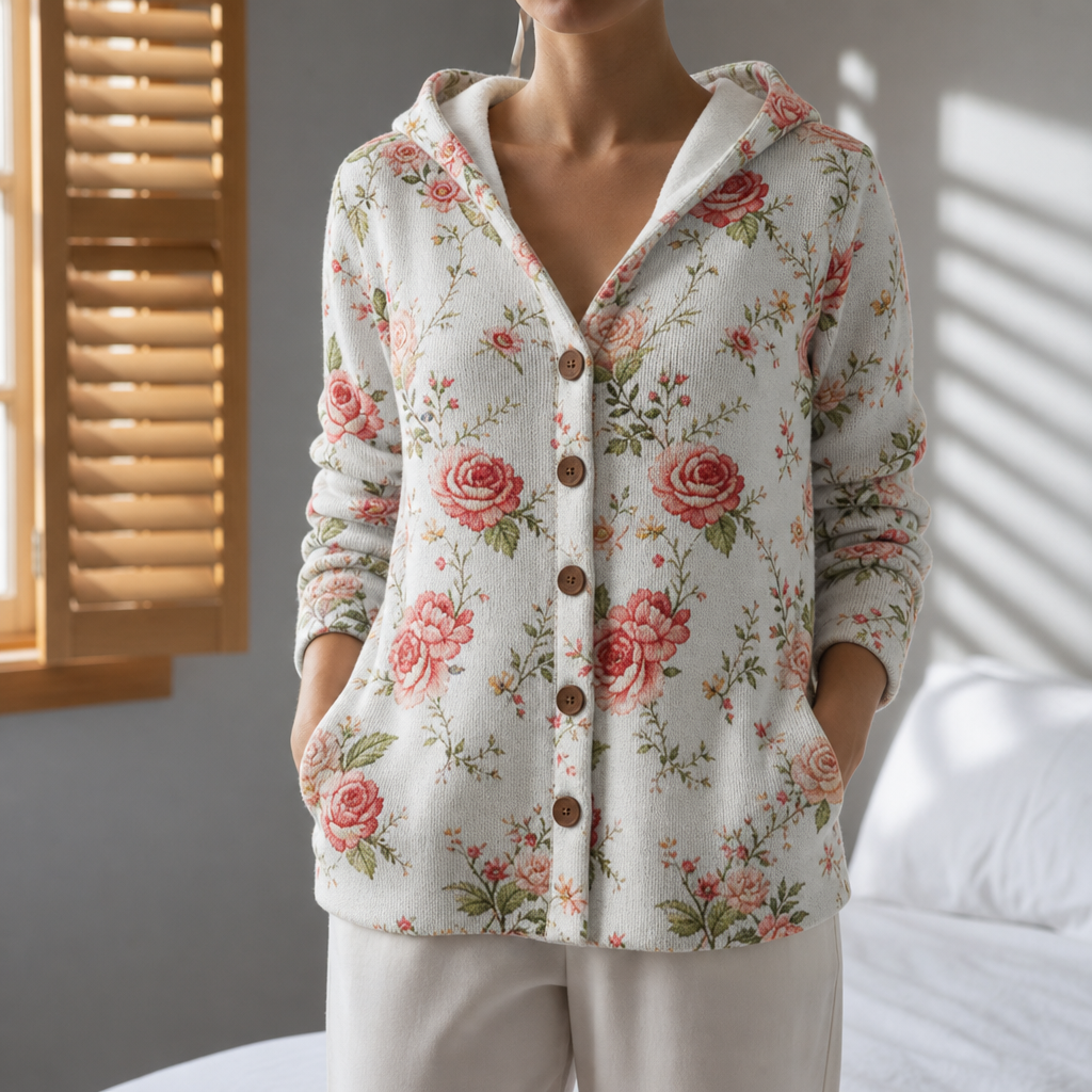 Bolzano Abstract Print Hooded Cardigan in Floral White