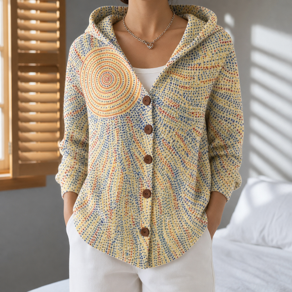 Bolzano Abstract Print Hooded Cardigan in Light Yellow
