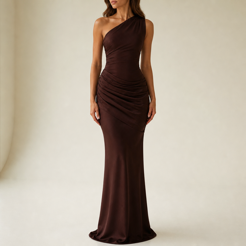 Bonifacio One Shoulder Satin Gown in Brown