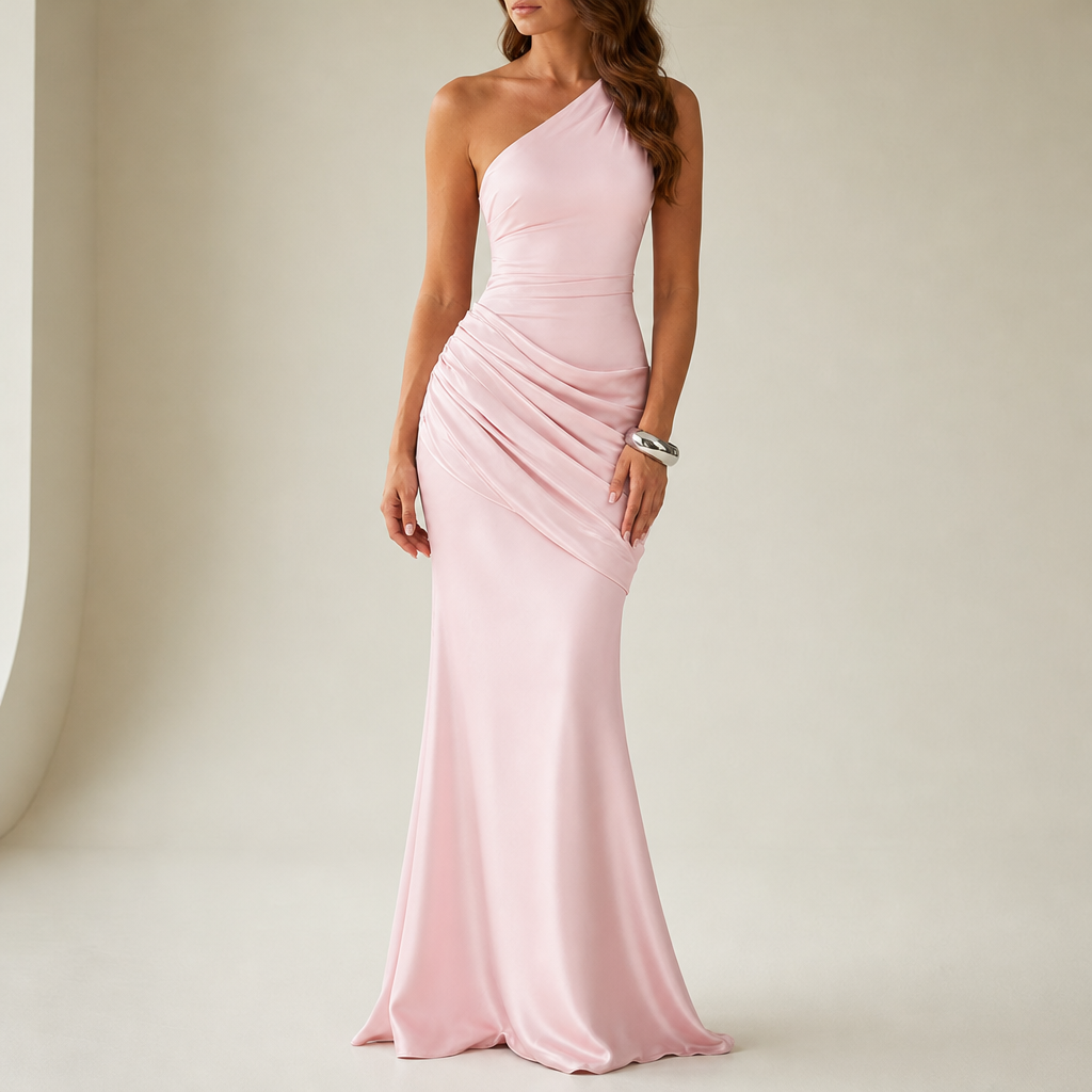 Bonifacio One Shoulder Satin Gown in Pink