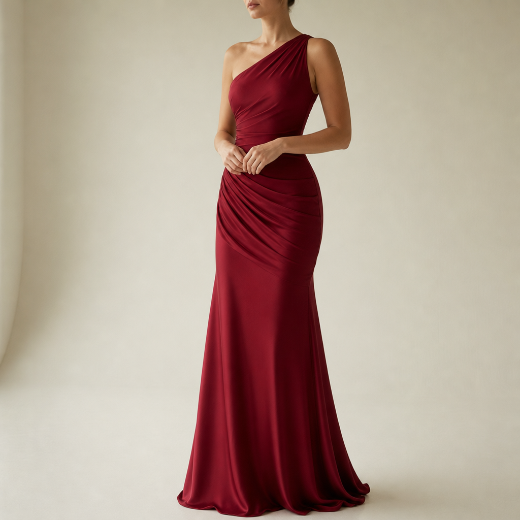 Bonifacio One Shoulder Satin Gown in Red